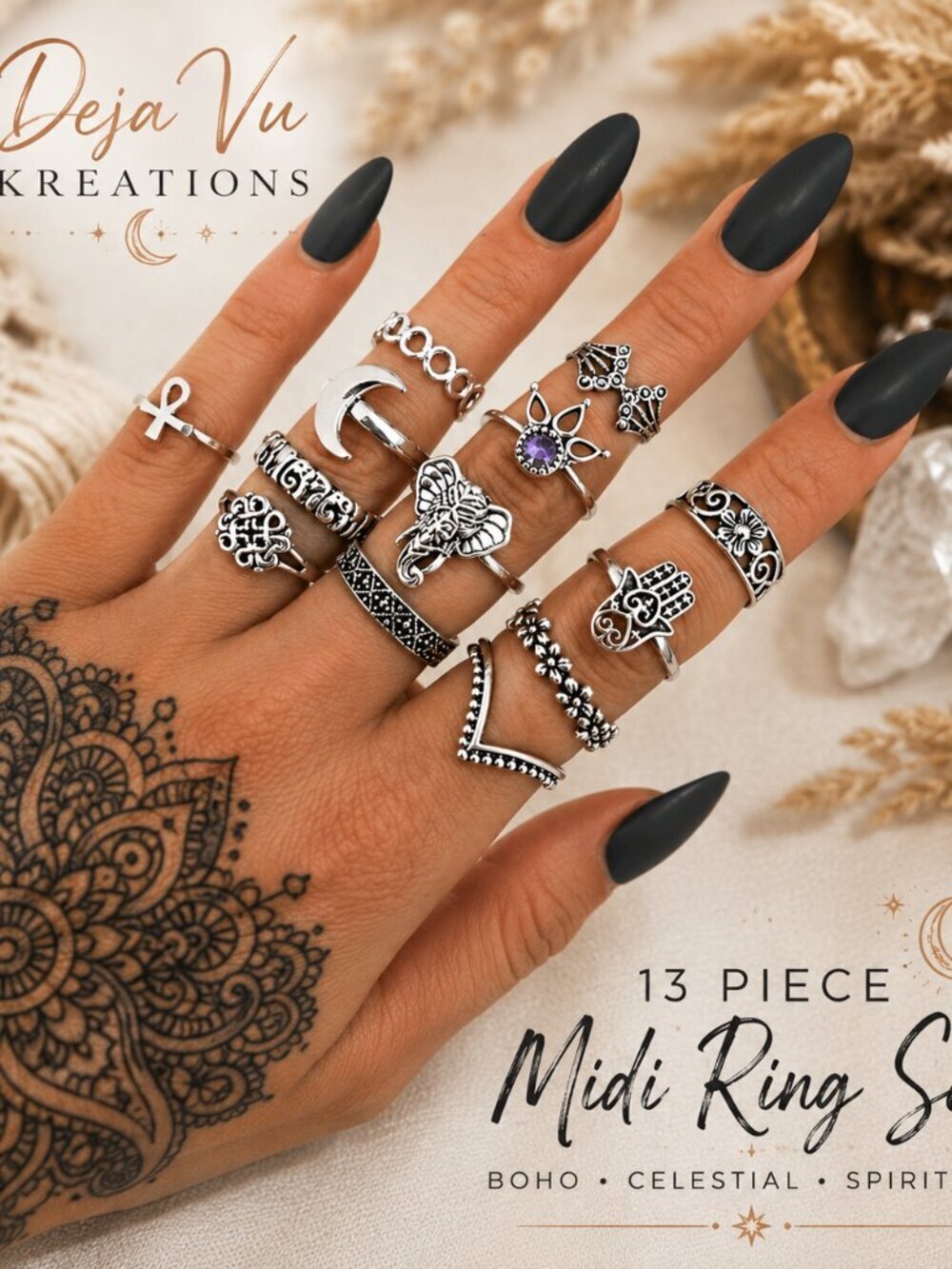 Boho Midi Ring Set Hamsa Moon Elephant Knuckle Rings Silver Tone